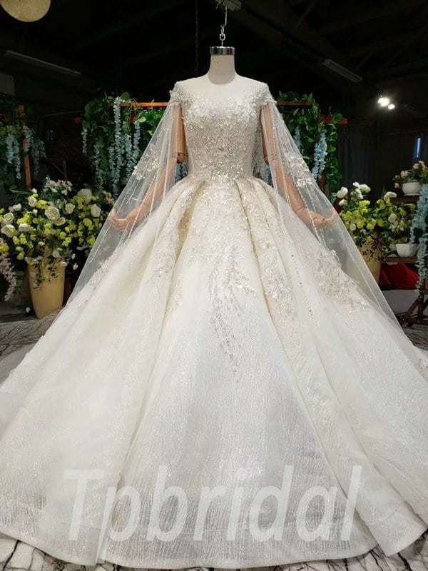 Cape Sleeve Wedding Dress Round Collar Ball Gown Bridal Gown