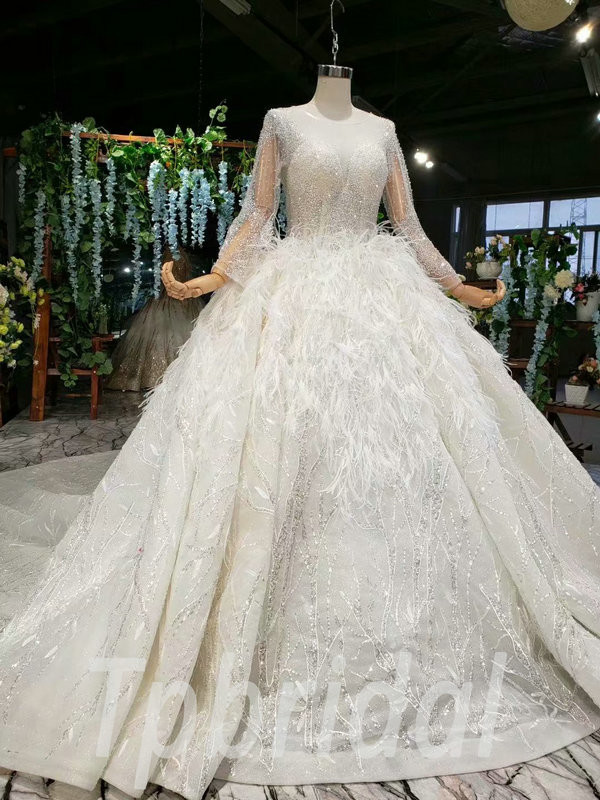 Feather Wedding Dress V Neck Long Sleeve Ball Gown Train