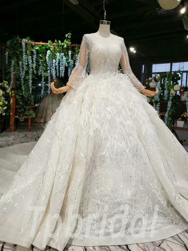 Feather Wedding Dress V Neck Long Sleeve Ball Gown Train - Image 3