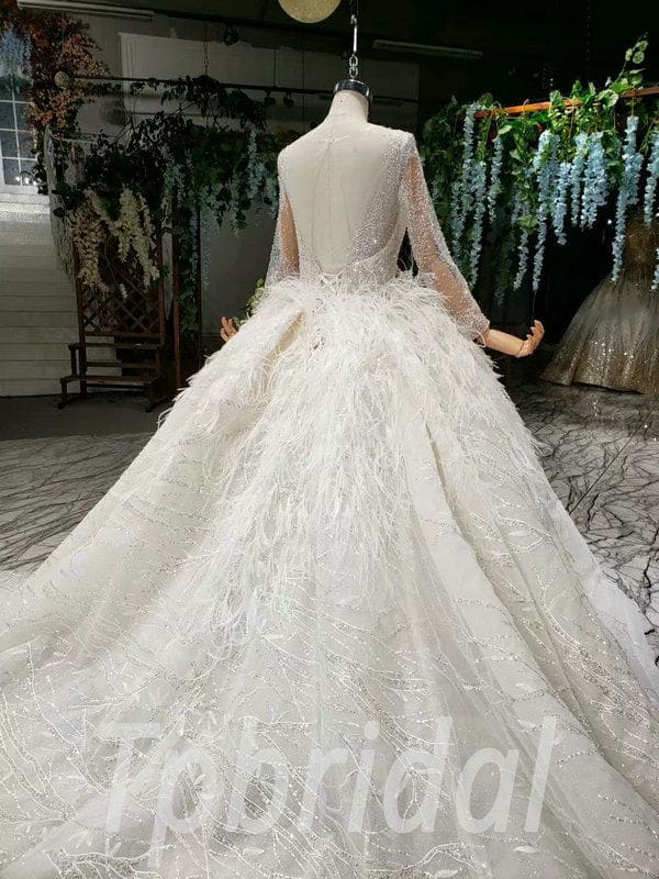 Feather Wedding Dress V Neck Long Sleeve Ball Gown Train