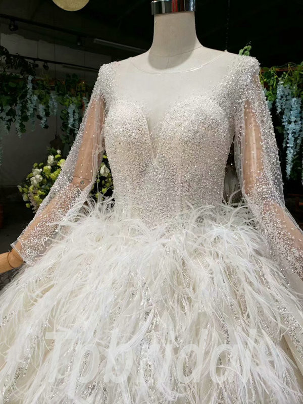 Feather Wedding Dress V Neck Long Sleeve Ball Gown Train