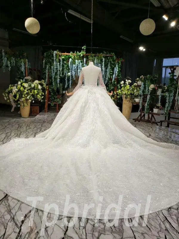 Feather Wedding Dress V Neck Long Sleeve Ball Gown Train - Image 2