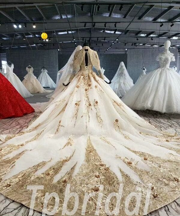 Alternative view of Gold Champagne Wedding Dress Long Sleeve Ball Gown With Train