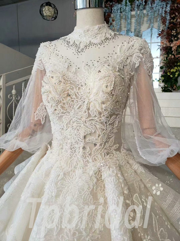 Feather Wedding Dress V Neck Long Sleeve Ball Gown Train