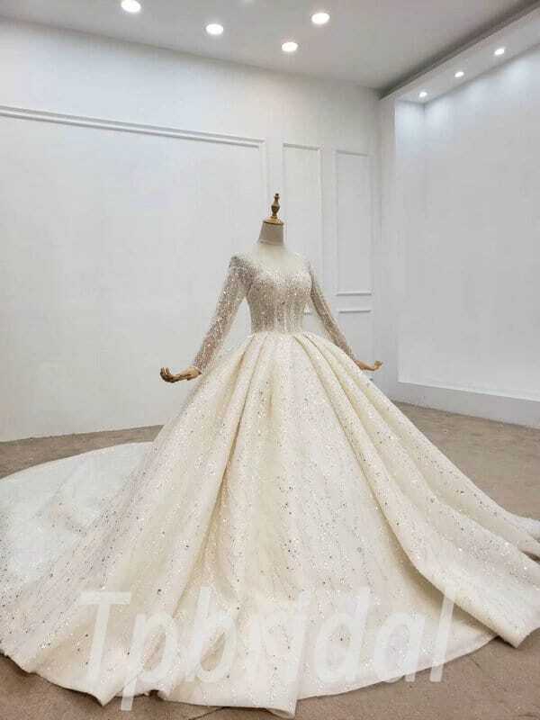 HERMOSA Beaded Lace Long Sleeves Ballgown Wedding Dress with Voluminous  Glitter Ruffle Skirt by Wona Concept