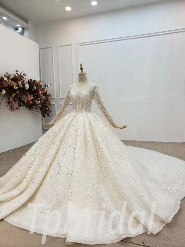 Luxury Ball Gown Wedding Dresses Long Sleeves V Neck Sequins Appliques Bead  Ruffles Off Shoulder Bridal Gowns Vestina De Novia - AliExpress