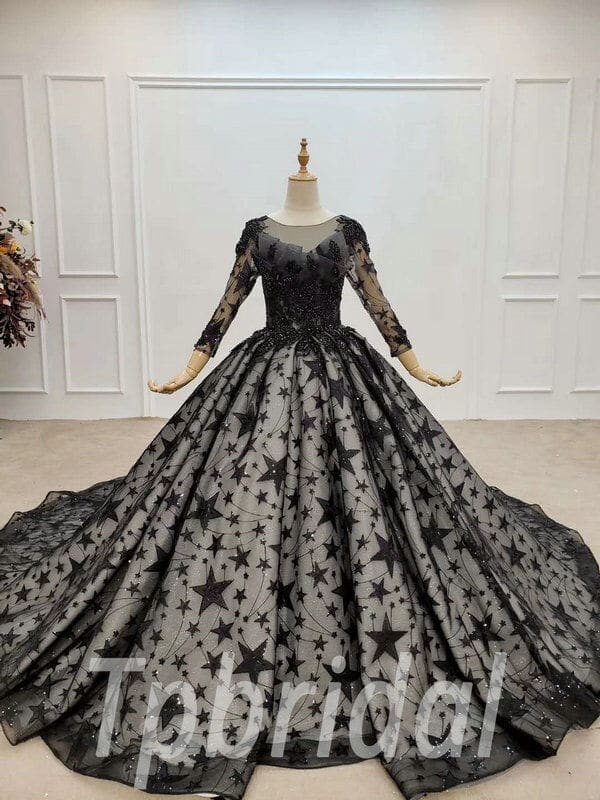 Black Ball Gown Wedding Dress Star Long Train Prom Dress