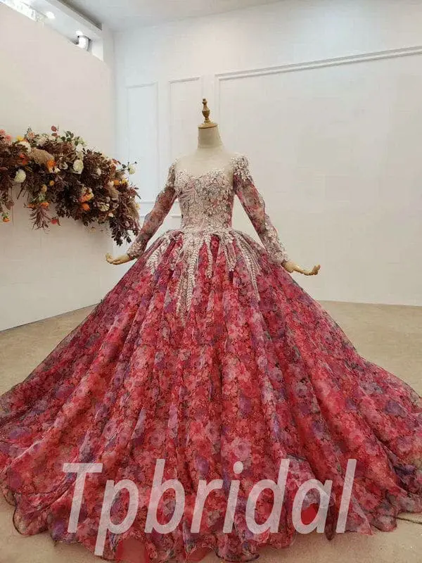 Floral Prom Dress Red Long Sleeve Ball Gown Printed Quinceanera - Image 3