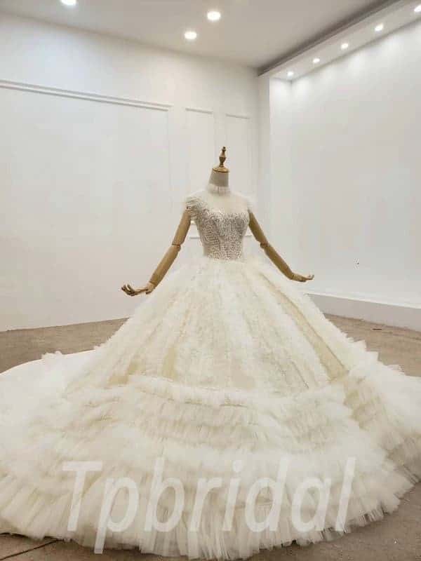 Puffy Wedding Dress High Neck Ball Gown Princess Bridal Gown