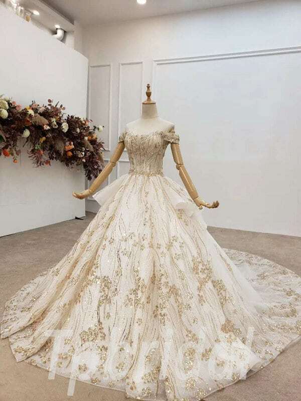 white and gold wedding dress