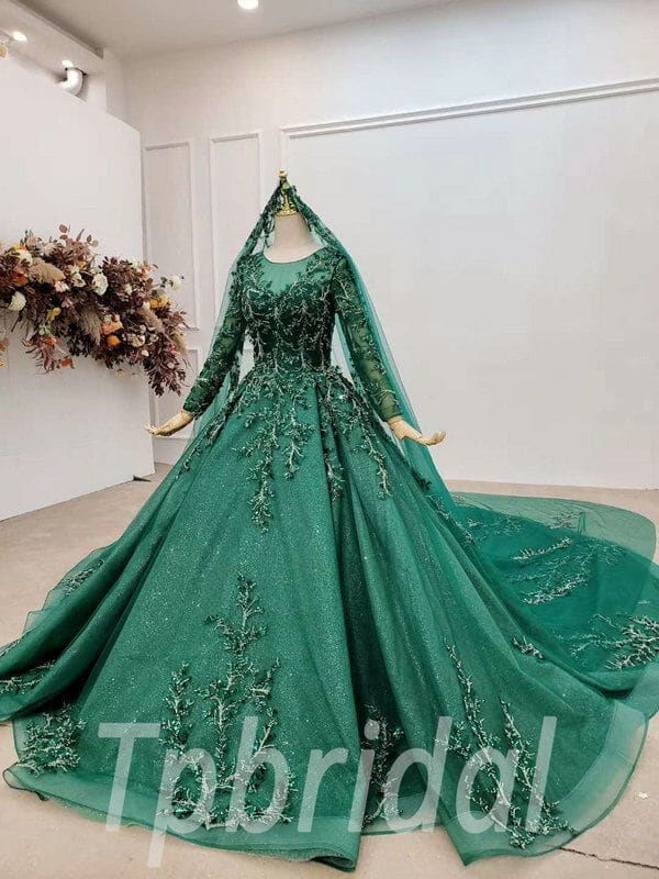 Forest Green Wedding Dress Long Sleeves 