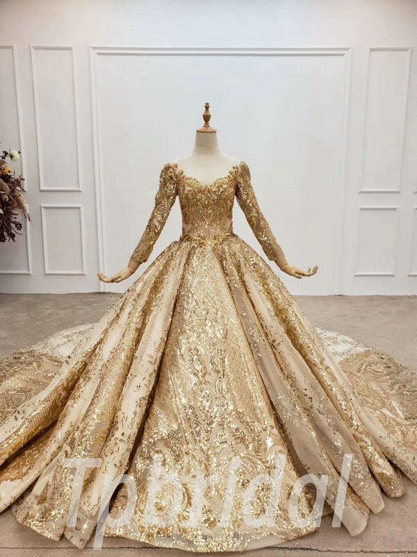 Buy Gold Lace Sequin Embroidered Hiajb Bridal Ball Gown Muslim Dress