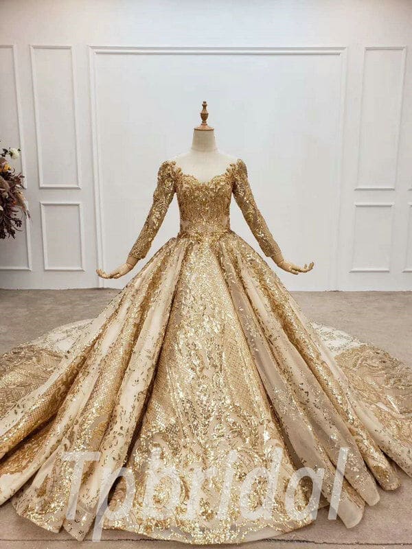 Gold Sparkle Wedding Dress Long Sleeve Ball Gown With Train