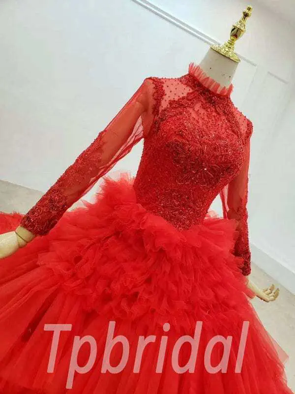 Red Long Sleeve Wedding Dress High Neck Ball Gown With Train - Image 6