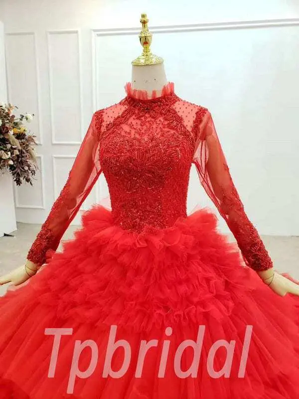 red long sleeve wedding dress 757-002