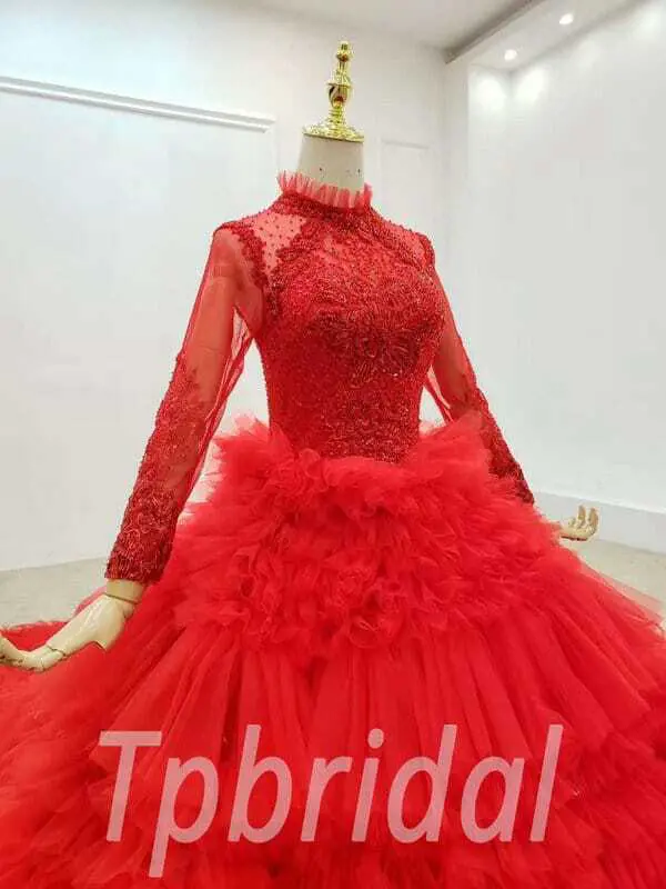 Red Long Sleeve Wedding Dress High Neck Ball Gown With Train - Image 4