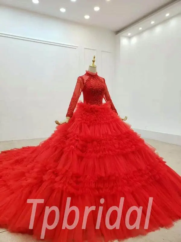 red long sleeve wedding dress 757-004