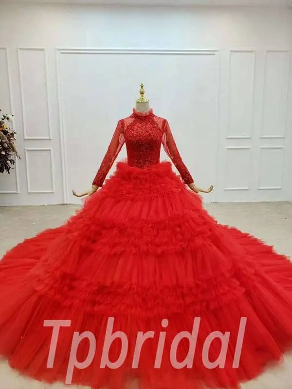 red long sleeve wedding dress 757-005