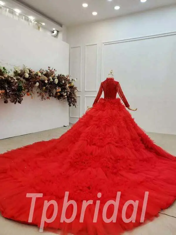 Red Long Sleeve Wedding Dress High Neck Ball Gown With Train - Image 2