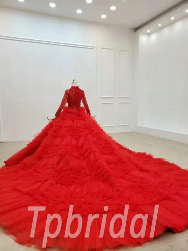 red long sleeve wedding dress 757-007