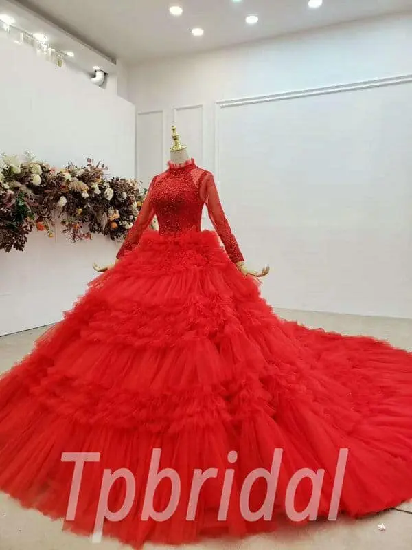 red long sleeve wedding dress 757-008
