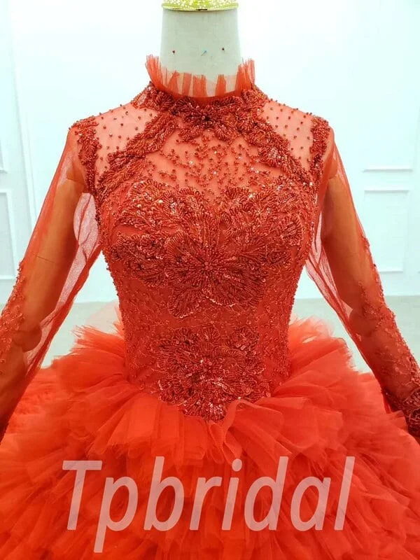 red long sleeve wedding dress 757-009