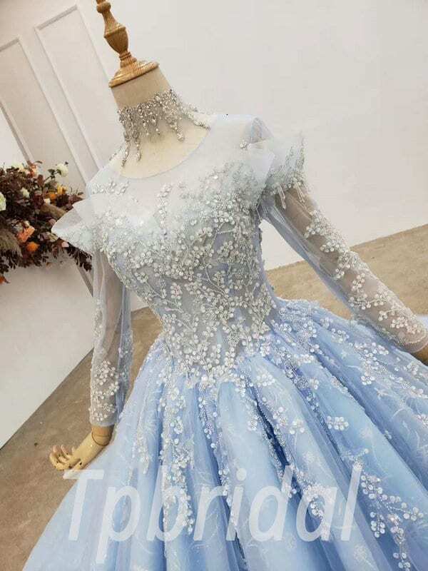 Sky Blue Prom Dress High Neck Ball Gown Long Sleeve Wedding Dress