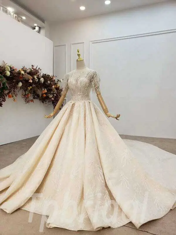 Traditional Wedding Dress Champagne Short Sleeves Hand Made - Image 3