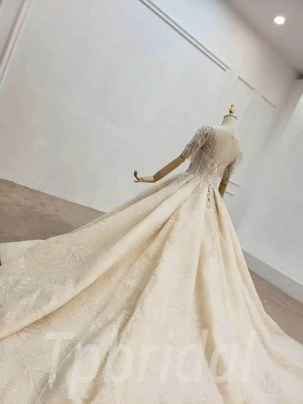Traditional Wedding Dress Champagne Short Sleeves Hand Made - Image 9