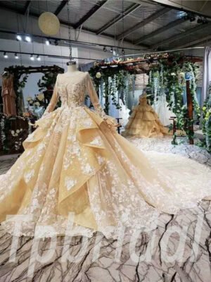 long sleeve champagne wedding dress 773-002