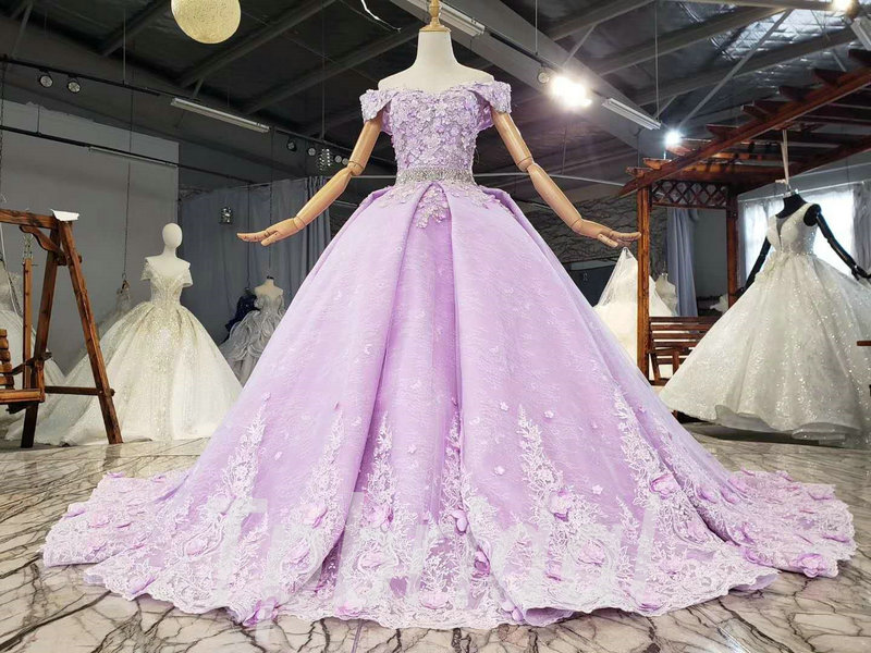 Lilac Prom Dress Off The Shoulder Ball Gown Purple Wedding Dress