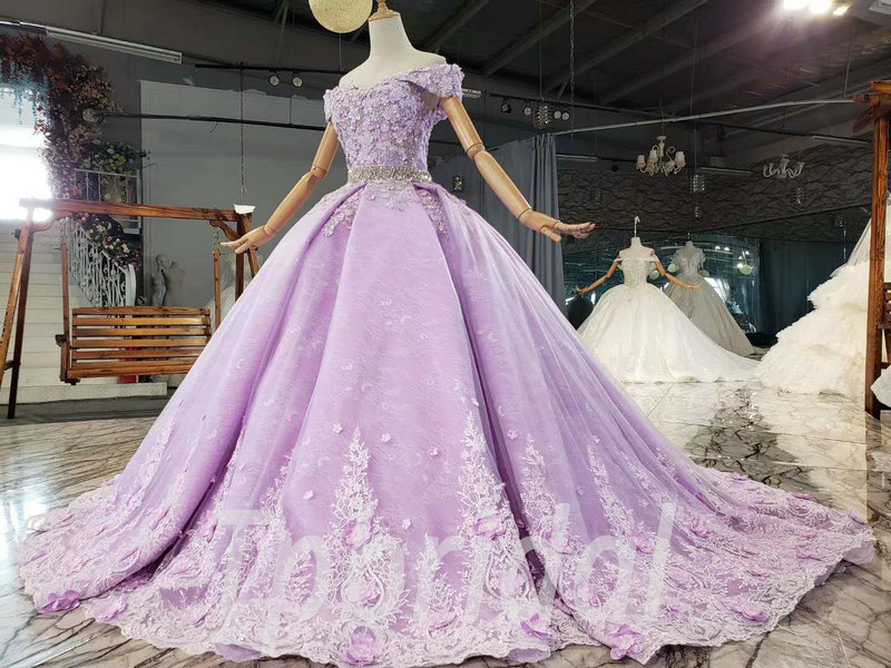 Lilac Prom Dress Off The Shoulder Ball Gown Purple Wedding Dress