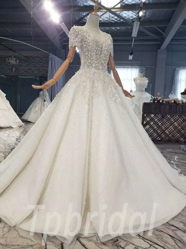 Beaded Wedding Dress V Neck Short Sleeve Ball Gown Bridal Gown - Image 3
