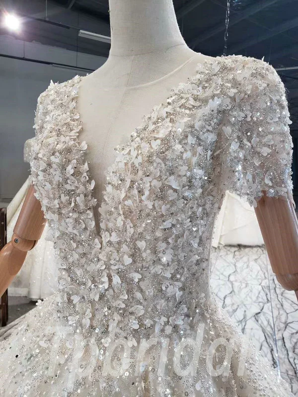 Beaded Wedding Dress V Neck Short Sleeve Ball Gown Bridal Gown - Image 6