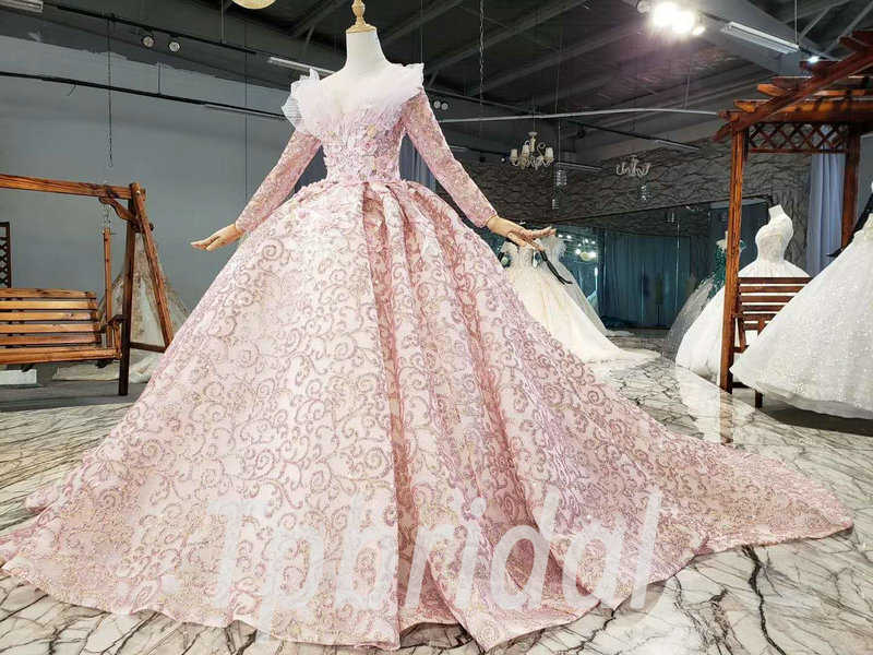 Champagne Pink Wedding Dress Bling Long Sleeve Ball Gown