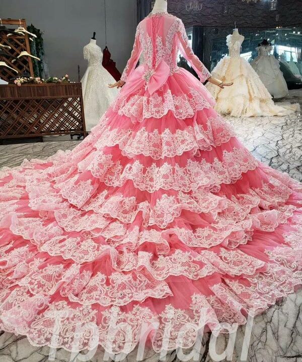 Alternative view of White And Pink Wedding Dress High Neck Long Sleeve Ball Gown Formal
