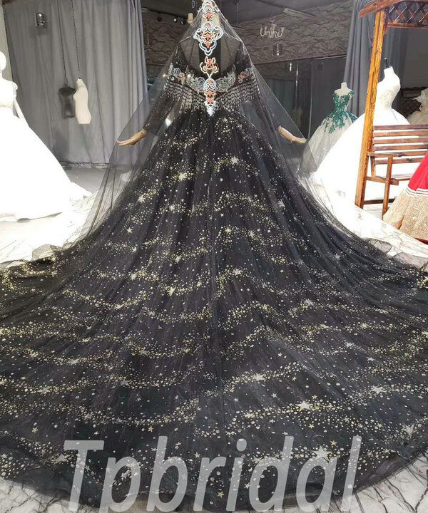 Alternative view of Black Embroidered Wedding Dress Ball Gown Long Sleeve Prom Dress