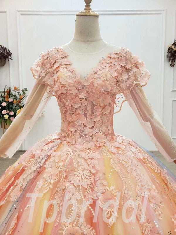 Colorful Wedding Dress Long Sleeve Ball Gown Orange Prom Dress