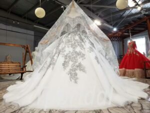 grey and white wedding dress 807-001
