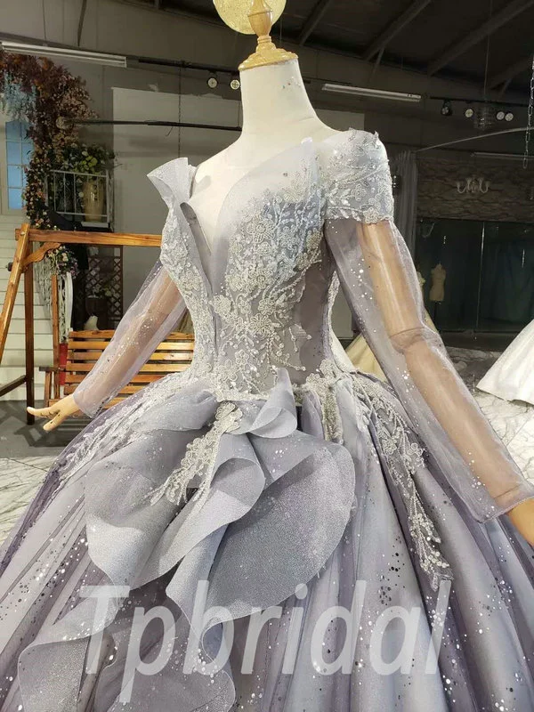 Grey Wedding Dress With Sleeves Ball Gown Long Train Wholesale - Image 5