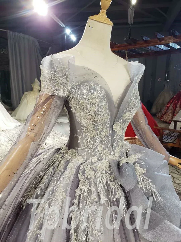 grey wedding dress with sleeves 815004