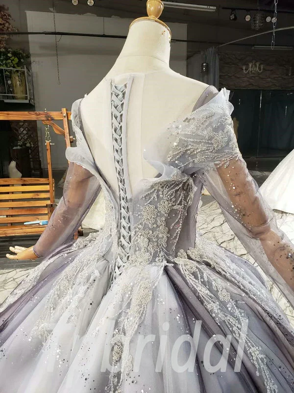 Grey Wedding Dress With Sleeves Ball Gown Long Train Wholesale - Image 7