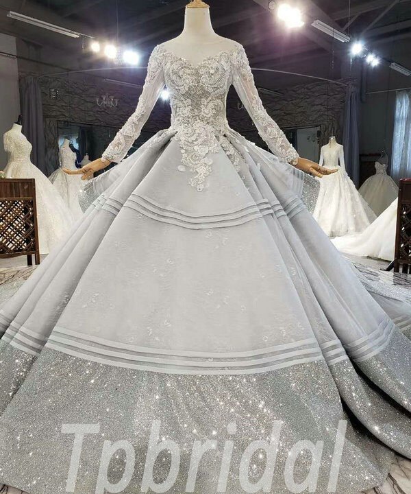 grey wedding dress with sleeves 821-001