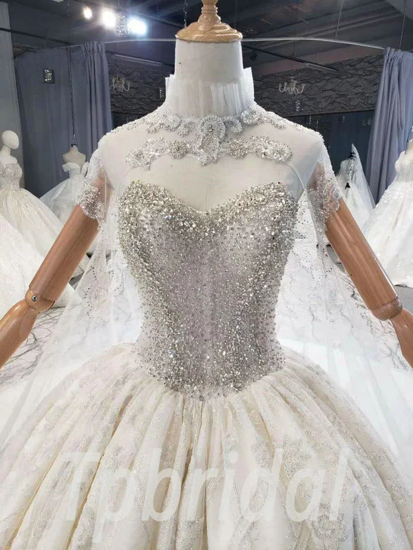 Lace Cape Wedding Dress Strapless Ball Gown High Neck Bridal Dress - Image 8