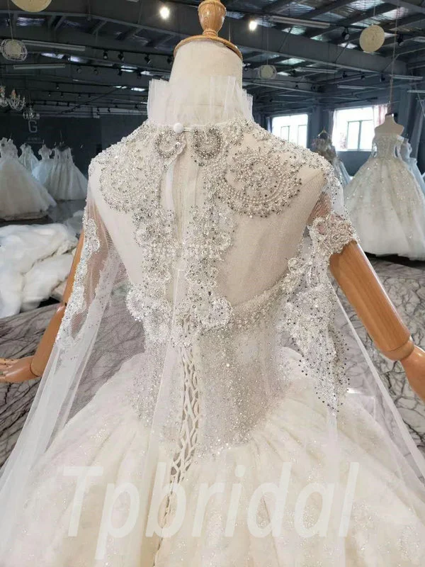 Lace Cape Wedding Dress Strapless Ball Gown High Neck Bridal Dress - Image 6