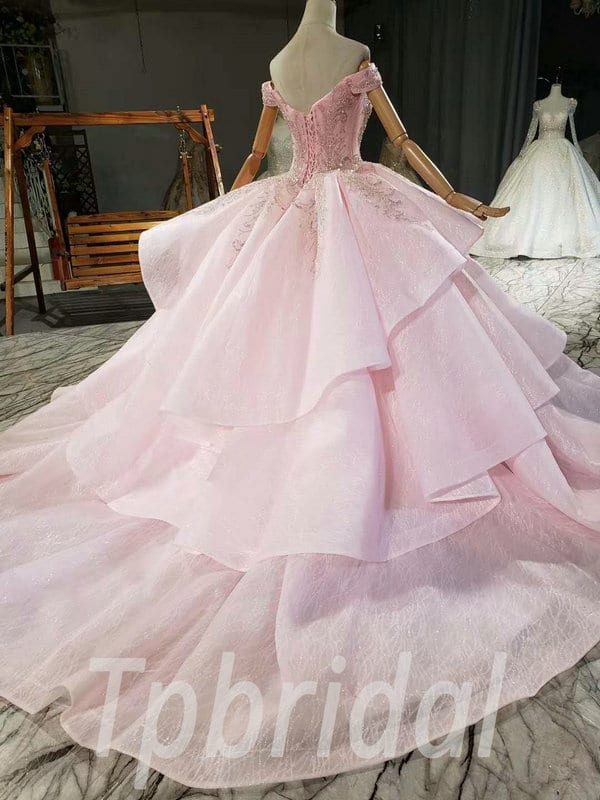 Pink Princess Ball Gown Wedding Dress Off The Shoulder Prom Dress