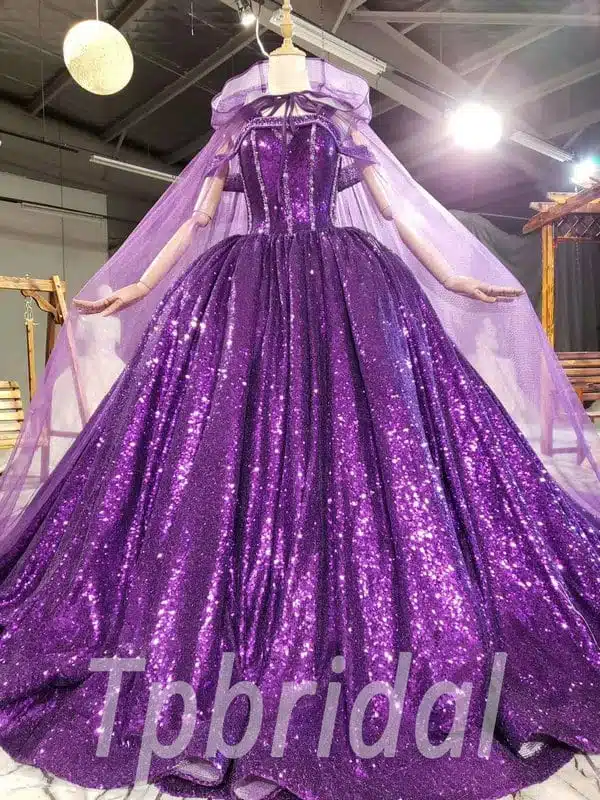 Purple Sparkle Prom Dress Ball Gown Wedding Dress With Veil - Image 3