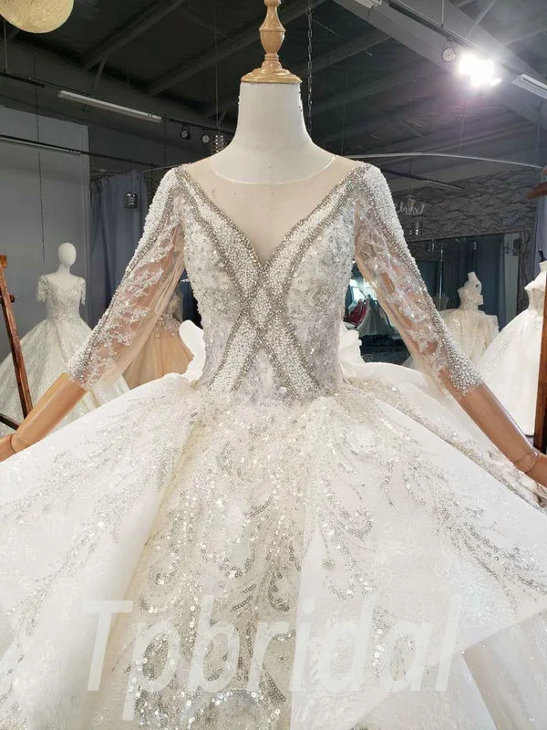 Sparkle Lace Wedding Dress Hand Made Beaded 3/4 Sleeves Ball Gown - Image 8