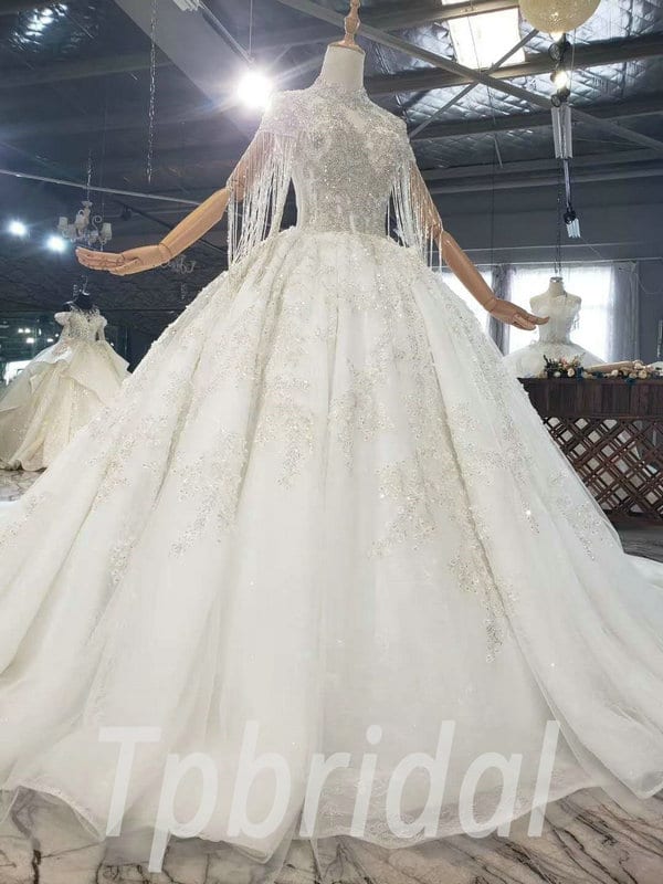 Wedding Dress With Crystal High Neck Ball Gown Long Train