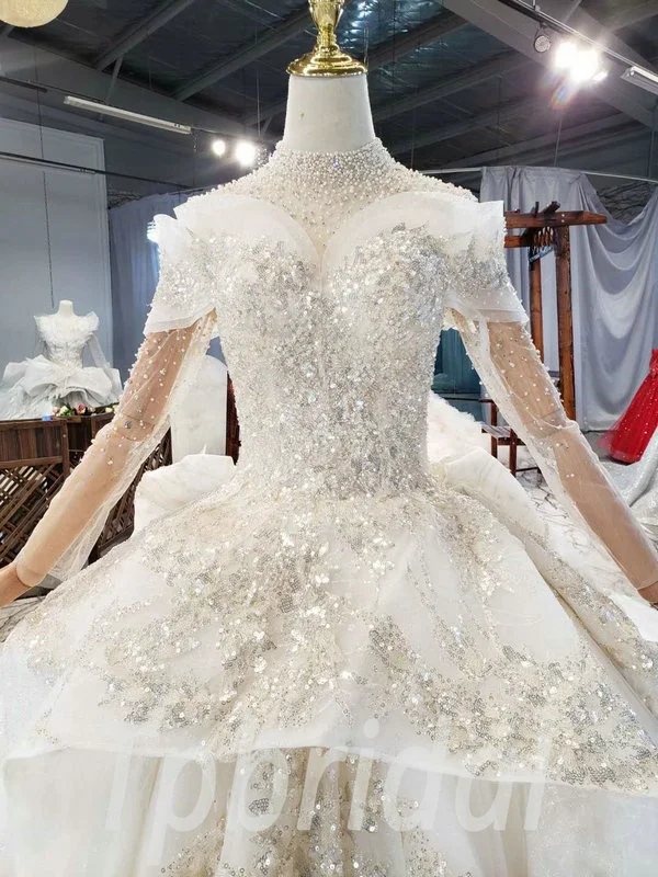 Ball Gown Wedding Dress With Long Train High Neck Long Sleeve Wholesale - Image 8